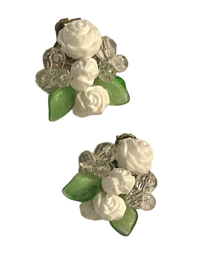 Vintage fancy 1950s glass & plastic flowers clip on earrings