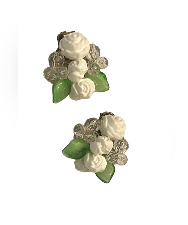Vintage fancy 1950s glass & plastic flowers clip on earrings