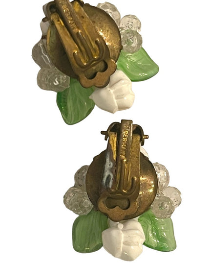 Vintage fancy 1950s glass & plastic flowers clip on earrings