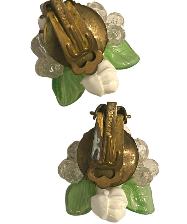 Vintage fancy 1950s glass & plastic flowers clip on earrings