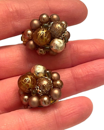 Vintage 1950s fancy brown faux pearl & glass clip on earrings