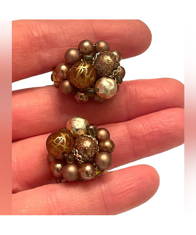 Vintage 1950s fancy brown faux pearl & glass clip on earrings