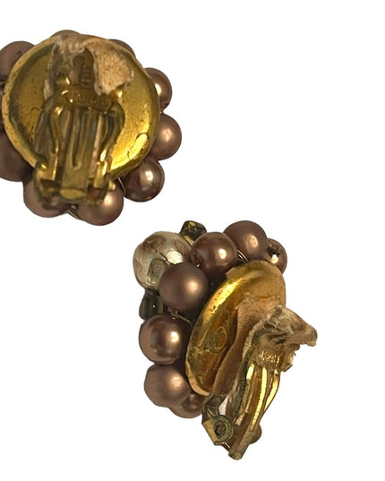 Vintage 1950s fancy brown faux pearl & glass clip on earrings