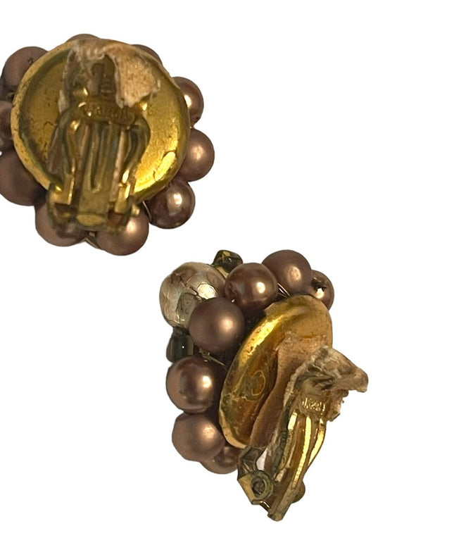 Vintage 1950s fancy brown faux pearl & glass clip on earrings