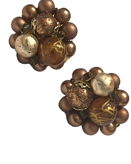 Vintage 1950s fancy brown faux pearl & glass clip on earrings