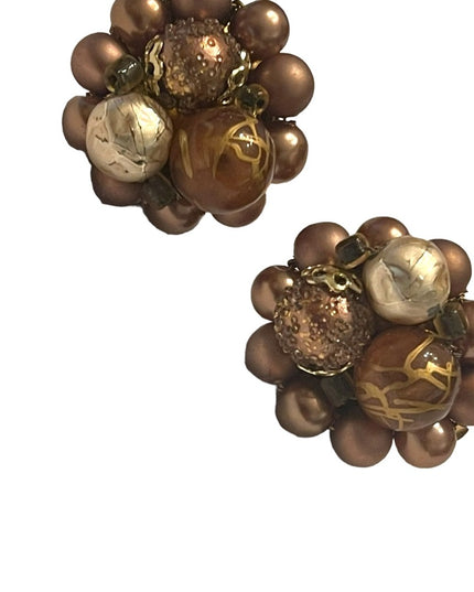 Vintage 1950s fancy brown faux pearl & glass clip on earrings
