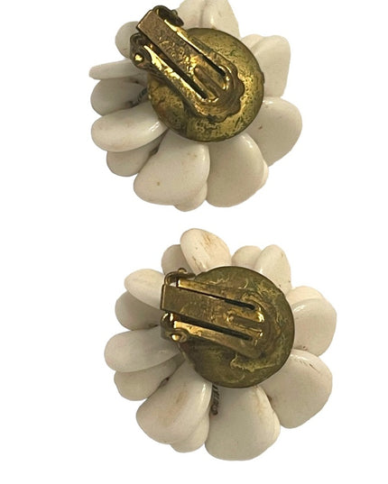 Vintage 1960s Milk glass fancy flower clip on earrings