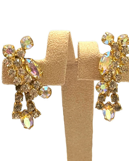 Vintsge champagne crystal AB dangle earrings clip on gold finish