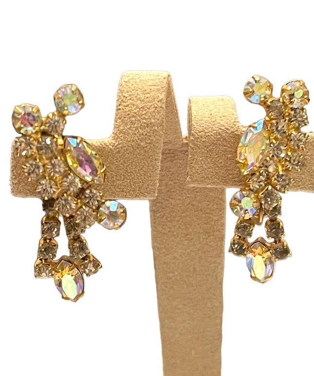 Vintsge champagne crystal AB dangle earrings clip on gold finish