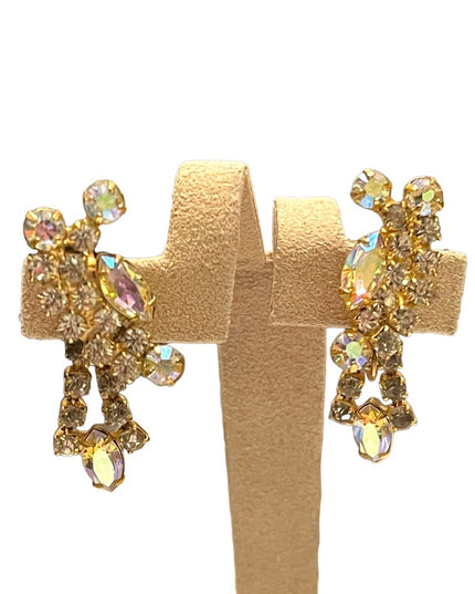 Vintsge champagne crystal AB dangle earrings clip on gold finish