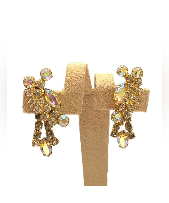 Vintsge champagne crystal AB dangle earrings clip on gold finish