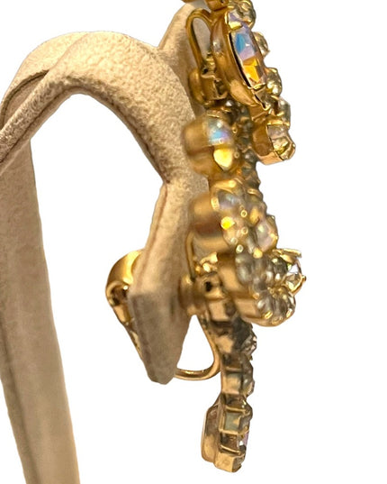 Vintsge champagne crystal AB dangle earrings clip on gold finish
