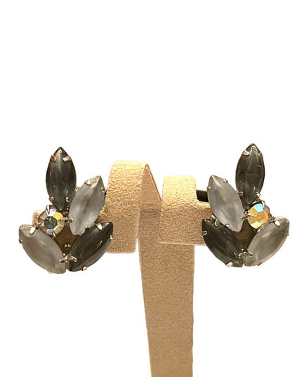 Lovely vintage black & silver crystal silver finish clip on fancy earrings