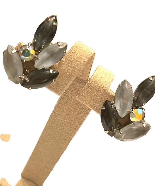 Lovely vintage black & silver crystal silver finish clip on fancy earrings