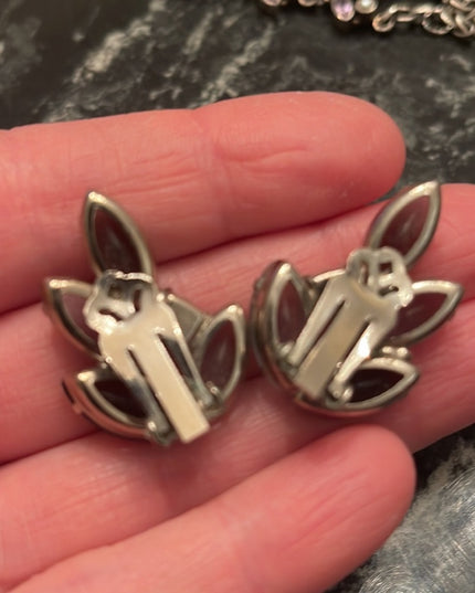 Lovely vintage black & silver crystal silver finish clip on fancy earrings