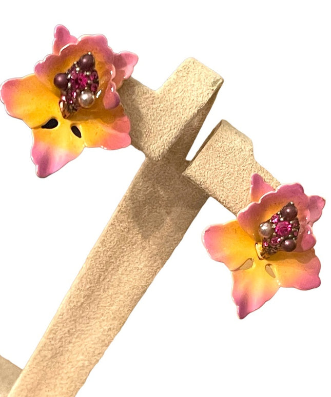 Joan Rivers Metal colorful rhinestone pink Orchid earrings