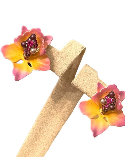 Joan Rivers Metal colorful rhinestone pink Orchid earrings
