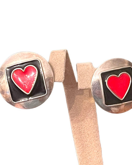 Lovely vintage CAROL sterling silver 925 red enamel heart disk earrings round
