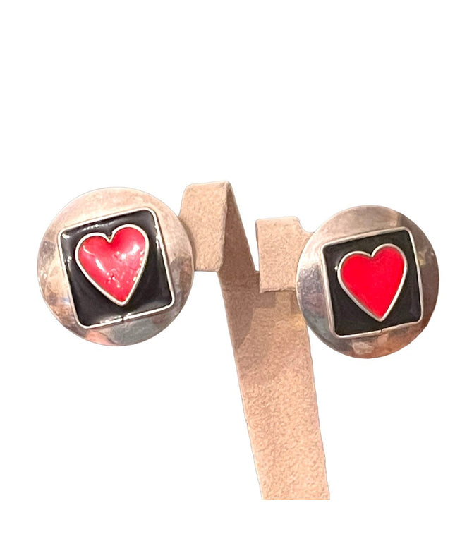Lovely vintage CAROL sterling silver 925 red enamel heart disk earrings round