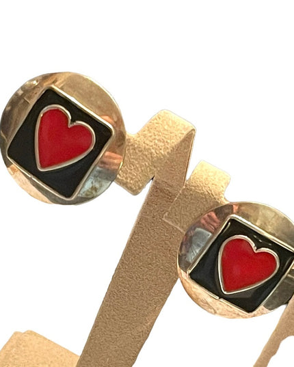 Lovely vintage CAROL sterling silver 925 red enamel heart disk earrings round