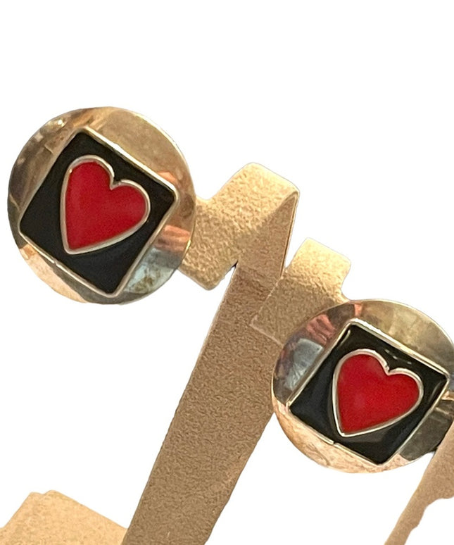 Lovely vintage CAROL sterling silver 925 red enamel heart disk earrings round