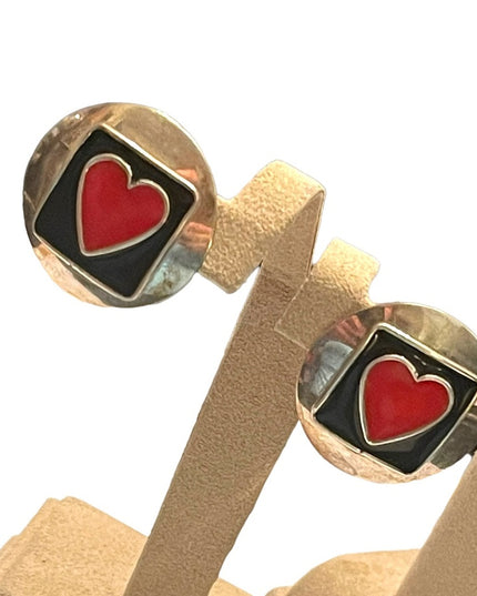 Lovely vintage CAROL sterling silver 925 red enamel heart disk earrings round