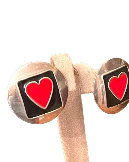 Lovely vintage CAROL sterling silver 925 red enamel heart disk earrings round