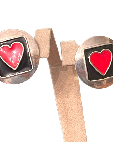 Lovely vintage CAROL sterling silver 925 red enamel heart disk earrings round