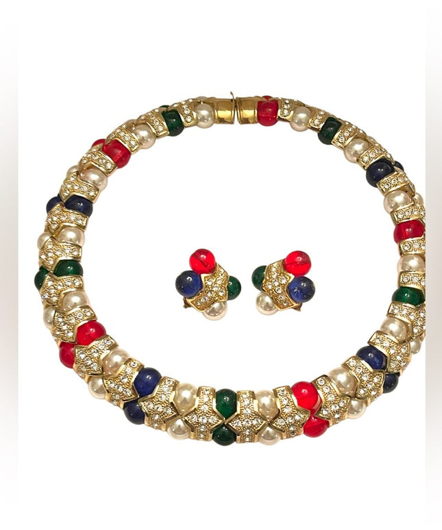 Vintage 1990s FAC Butler Fancy crystal glass fruit salad earrings choker SET