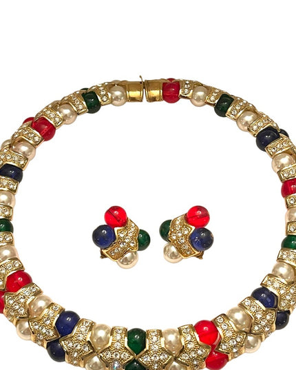 Vintage 1990s FAC Butler Fancy crystal glass fruit salad earrings choker SET