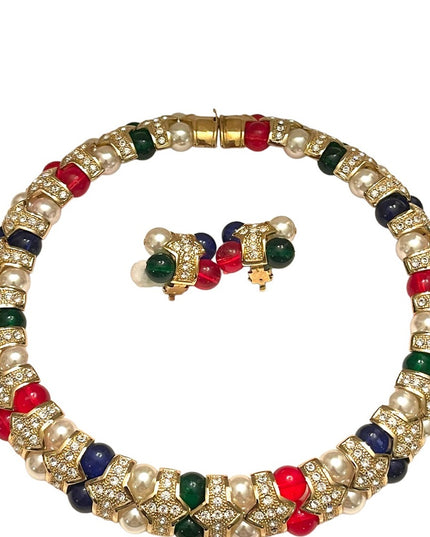 Vintage 1990s FAC Butler Fancy crystal glass fruit salad earrings choker SET