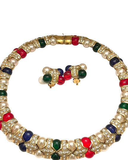 Vintage 1990s FAC Butler Fancy crystal glass fruit salad earrings choker SET