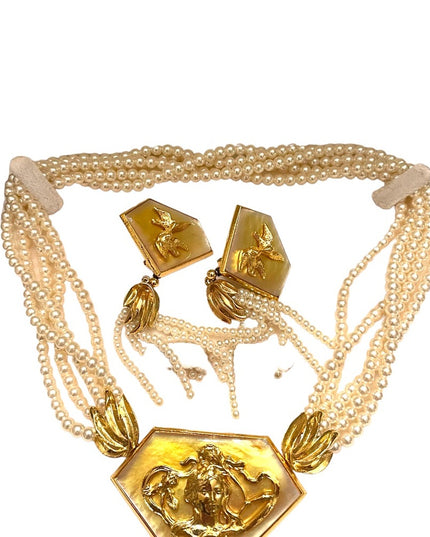1990s FAC Butler Faux pearl goddess Brooch necklace earrings statement SET
