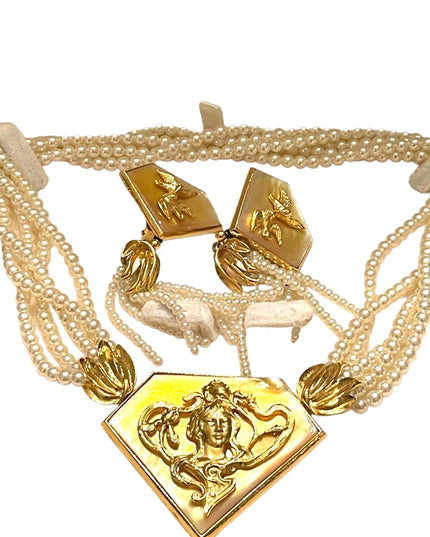 1990s FAC Butler Faux pearl goddess Brooch necklace earrings statement SET