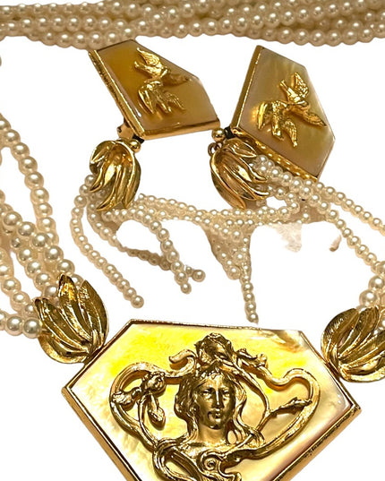 1990s FAC Butler Faux pearl goddess Brooch necklace earrings statement SET