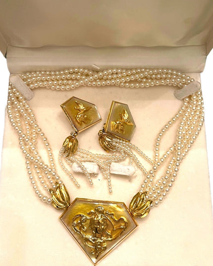 1990s FAC Butler Faux pearl goddess Brooch necklace earrings statement SET