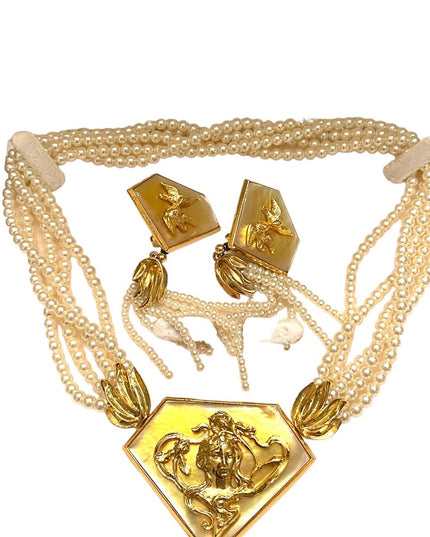 1990s FAC Butler Faux pearl goddess Brooch necklace earrings statement SET