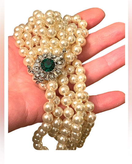 VTG 3 strand Emerald crystal silver finish Glass pearl high quality necklace