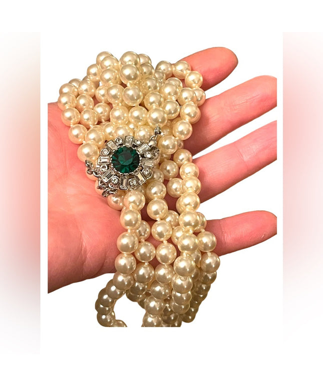 VTG 3 strand Emerald crystal silver finish Glass pearl high quality necklace