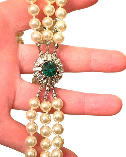 VTG 3 strand Emerald crystal silver finish Glass pearl high quality necklace
