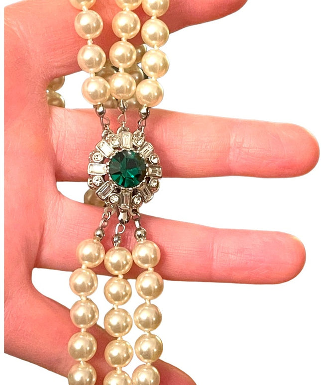 VTG 3 strand Emerald crystal silver finish Glass pearl high quality necklace