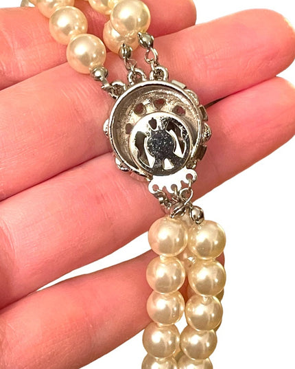 VTG 3 strand Emerald crystal silver finish Glass pearl high quality necklace