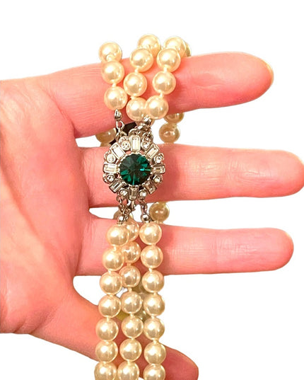 VTG 3 strand Emerald crystal silver finish Glass pearl high quality necklace