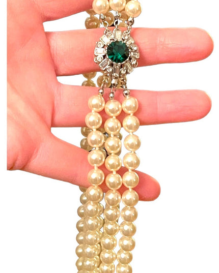 VTG 3 strand Emerald crystal silver finish Glass pearl high quality necklace