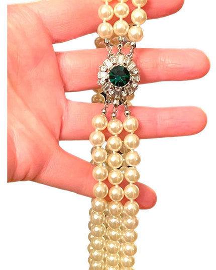 VTG 3 strand Emerald crystal silver finish Glass pearl high quality necklace