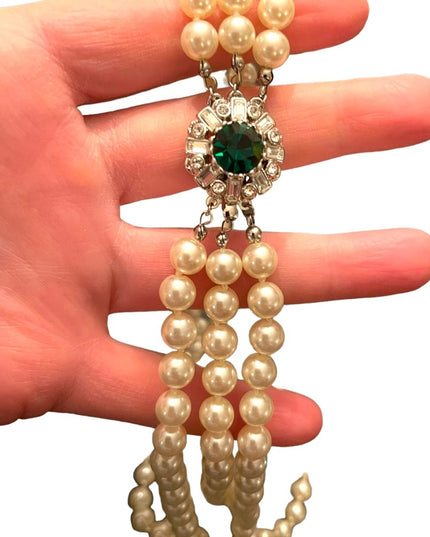 VTG 3 strand Emerald crystal silver finish Glass pearl high quality necklace