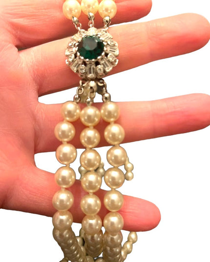 VTG 3 strand Emerald crystal silver finish Glass pearl high quality necklace