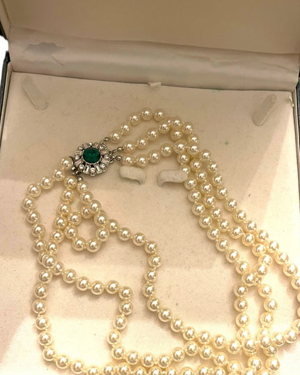 VTG 3 strand Emerald crystal silver finish Glass pearl high quality necklace