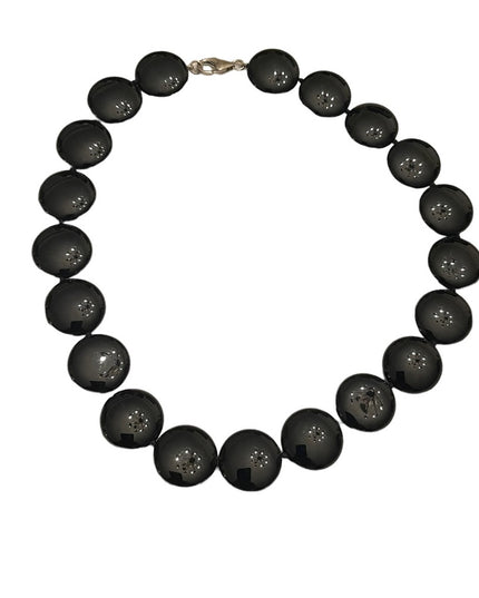 Stunning high quality large heavy Black onyx disk bead sterking silver necklace