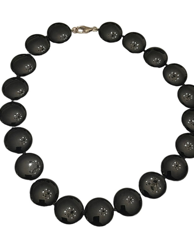 Stunning high quality large heavy Black onyx disk bead sterking silver necklace